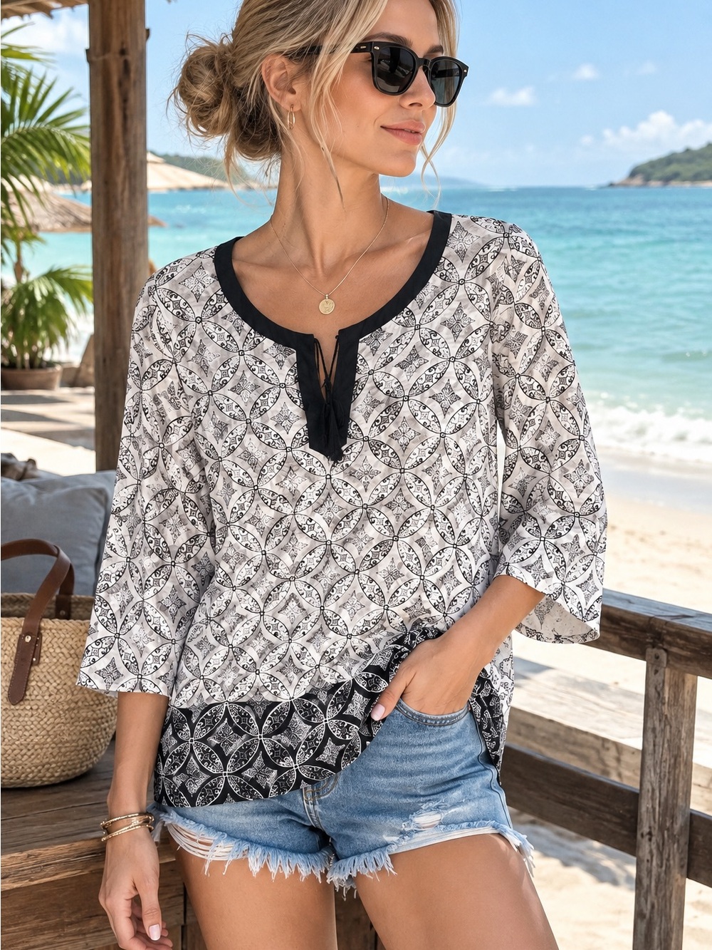 Talbots Black and White Patterned Long-Sleeve Tunic